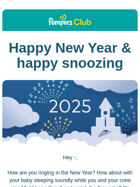 With Smart Sleep Coach it is 😴 Pampers Club Happy New Year & happy snoozing Against a dark blue background are fluffy clouds, a castle made of off-white blocks, and colorful stars bursting with Zs