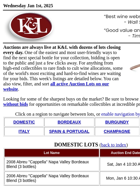 Bidding is a click away: live daily auctions from K&L Wine Merchants... Wednesday Jan 1st, 2025 View in Browser KL-emailheader.png Auctions are always live at K&L with dozens of lots closing