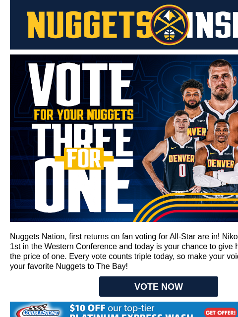 Youth Night, Western Night and More! 3-For-1 All-Star Votes Today Nuggets Nation, first returns on fan voting for All-Star are in! Nikola Jokić is currently 1st in the Western Conference and today is