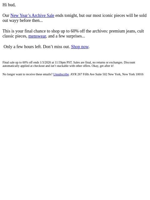 ayr newsletter: ends tonight 🌀 up to 60% OFF the archives