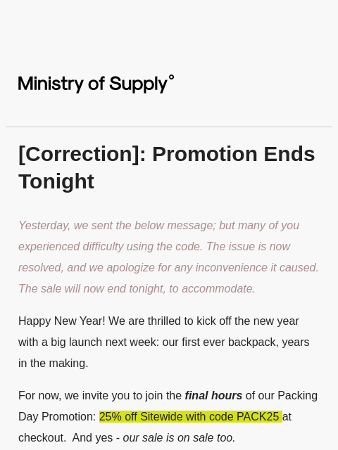 ministryofsupply newsletter: [Correction] PACK25 Code