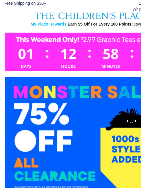 childrensplace newsletter: Major Weekend Deals: 75% Off Clearance + $2.99 Gra...