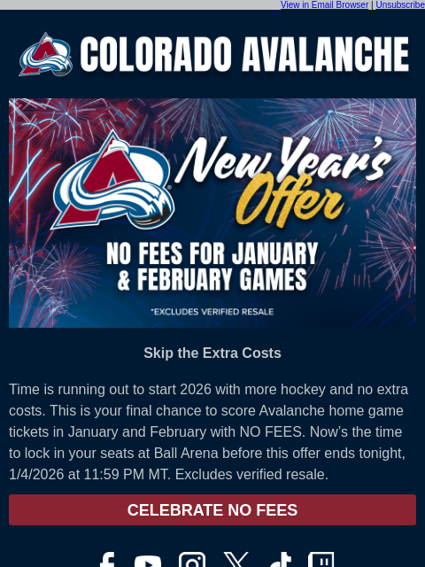 thecoloradoavalanche newsletter: ⛰️LAST CHANCE: No Fees on January & February Games