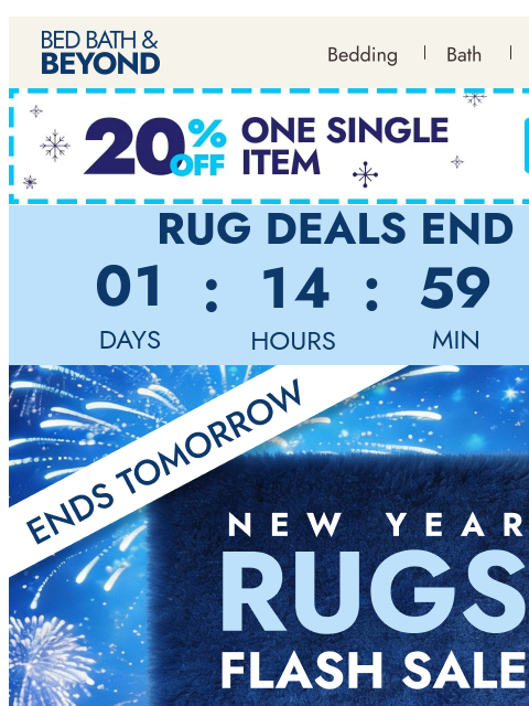 bedbathandbeyond newsletter: Ends tomorrow: Up to 60% off rugs ⏰ 