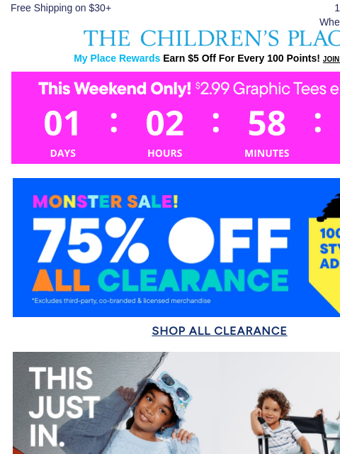 childrensplace newsletter: ⚡Flash Deals⚡ $2.99 Graphics & 75% Off Clearance