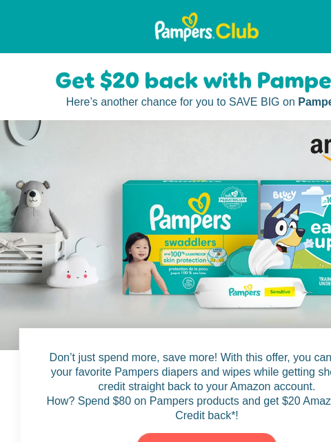 Let's stock up in Amazon and save! Pampers Pampers Here's another chance for you to SAVE BIG on Pampers. Don't just spend more, save more! With this offer, you can get all your favorite