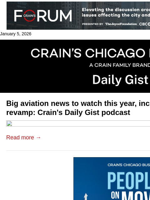 crainalerts newsletter: Big aviation news to watch: Crain's Daily Gist pod...
