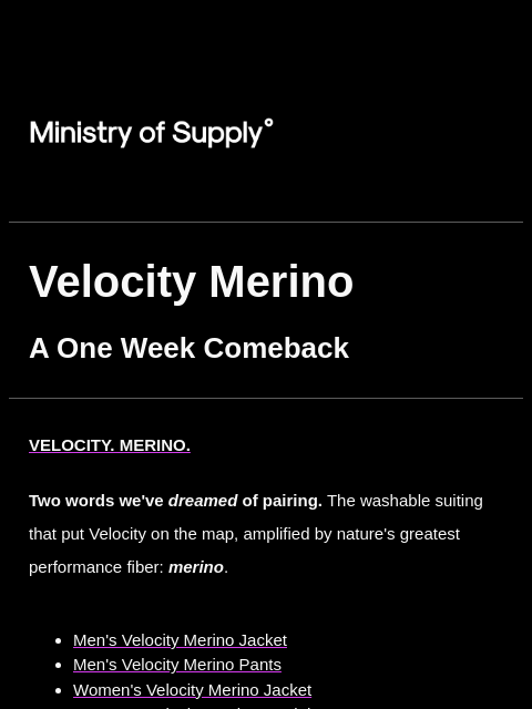 ministryofsupply newsletter: VELOCITY MERINO is BACK