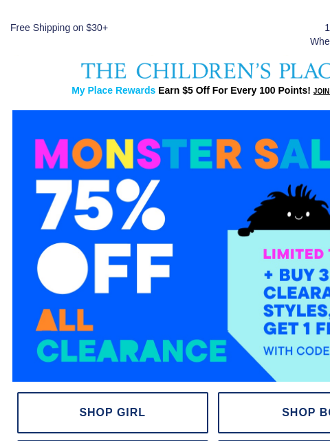 childrensplace newsletter: 75% Off Clearance + FREE Item When You Buy 3!