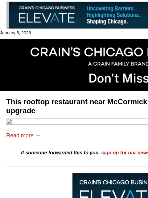 crainalerts newsletter: Rooftop restaurant's new owners plan revamp