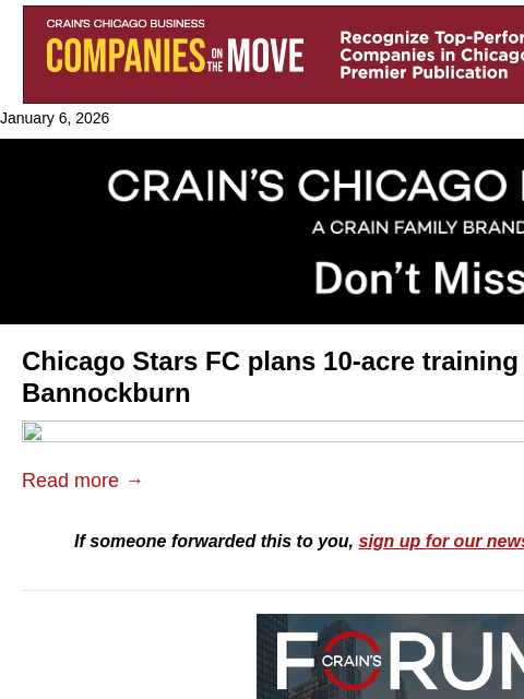 crainalerts newsletter: Chicago Stars FC plans new HQ, training center