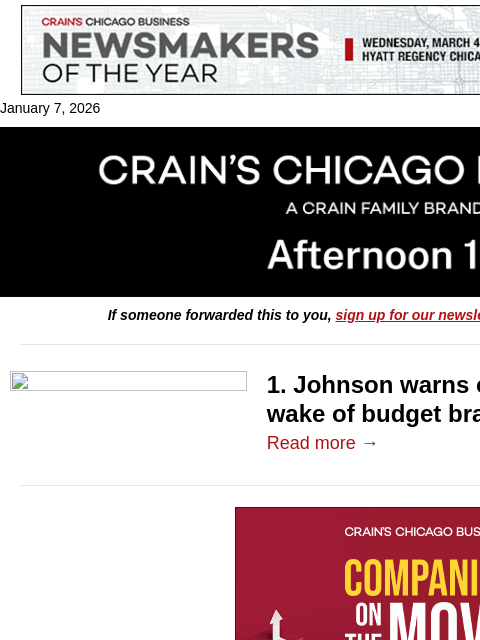 crainalerts newsletter: Johnson warns of layoffs in budget brawl's wake