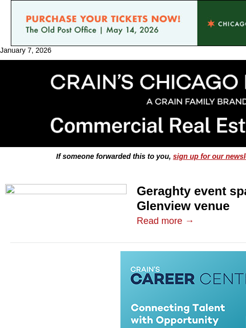 crainalerts newsletter: Geraghty event space owner plans new venue