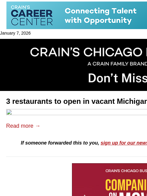 crainalerts newsletter: Restaurants to open in vacant Michigan Ave buildin...