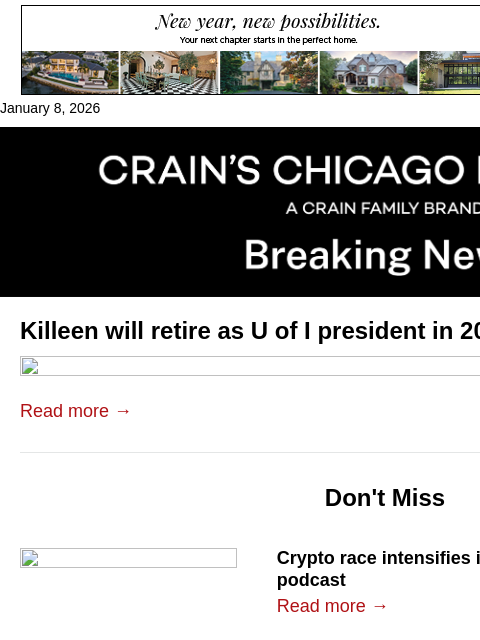 crainalerts newsletter: U of I chief Tim Killeen to retire