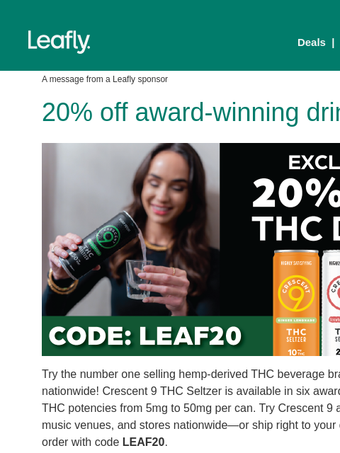 leafly newsletter: 20% off 5-50mg drinks 🍃