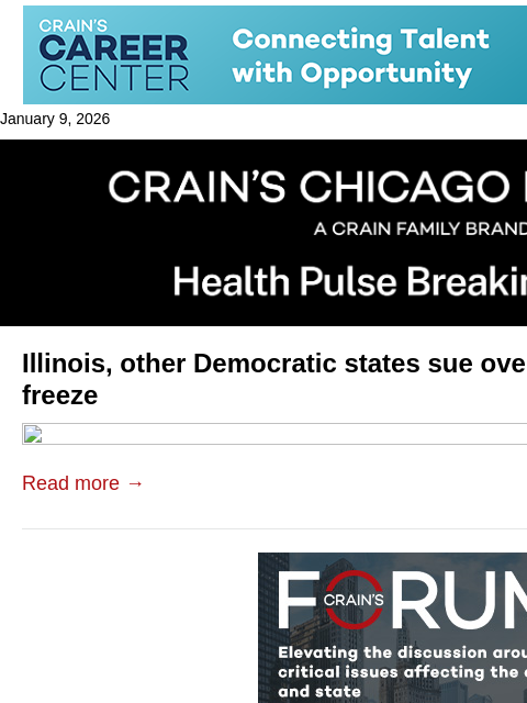 crainalerts newsletter: Illinois, other states sue over funding freeze
