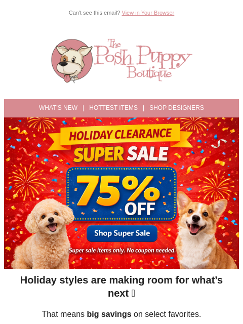 poshpuppyboutique newsletter: Holiday Clearance: 75% Off 🎉