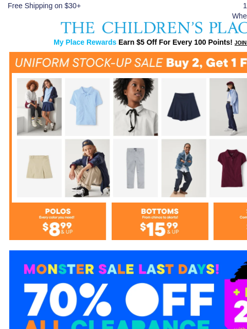 childrensplace newsletter: Last Chance! Buy 2, get 1 FREE uniform styles!