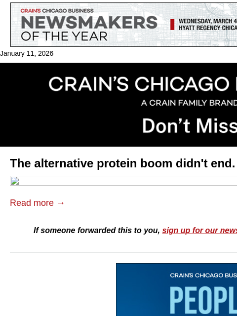 crainalerts newsletter: The alt-protein boom isn't over in Illinois