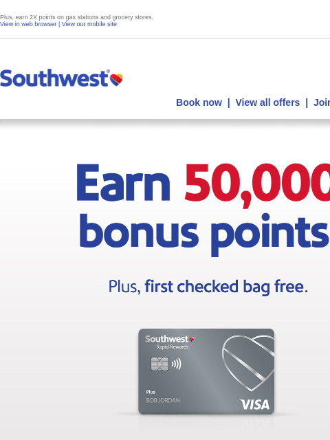 southwest newsletter: Earn 50,000 points, a free checked bag and more!