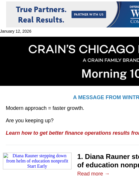 crainalerts newsletter: Diana Rauner steps down