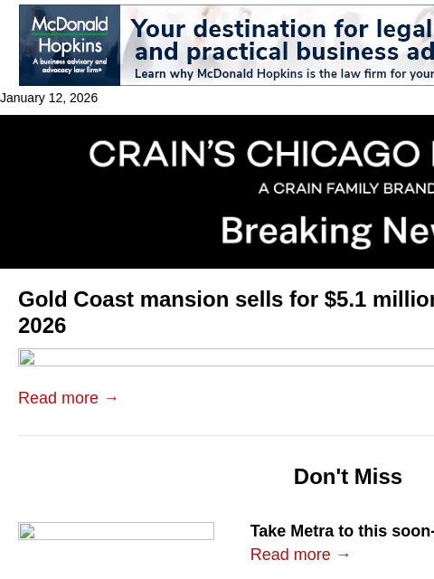 crainalerts newsletter: First big mansion sale of 2026