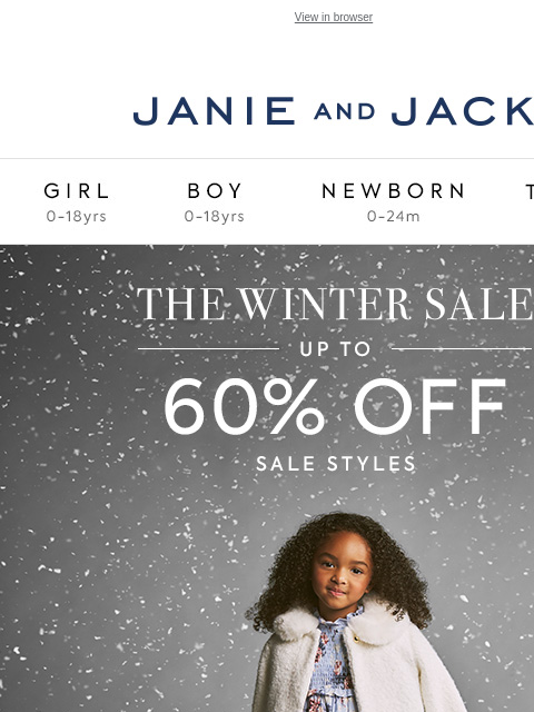 And they're up to 60% off. View in browser Stores Janie and Jack Girl Boy Newborn Tween Janie and Jack Girl Boy Newborn Tween Girl Boy Newborn Girl Newborn Boy Accessories Sale Gift Services Refer