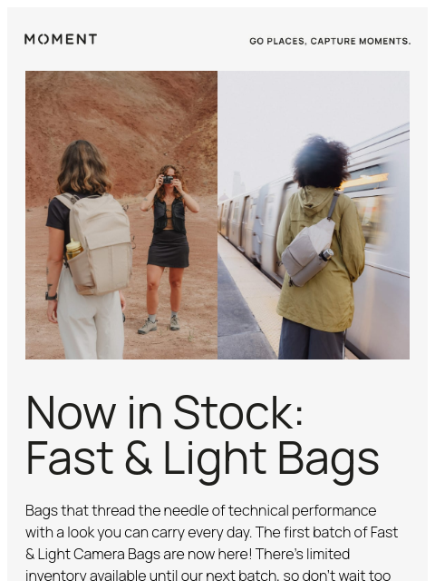 shopmoment newsletter: Now in Stock: Fast & Light Camera Bags