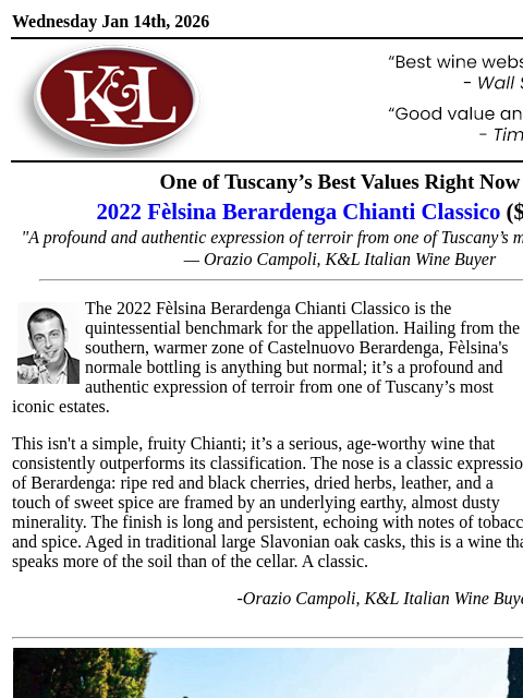 klwines newsletter: QPR King: 2022 Chianti Classico from Fèlsina