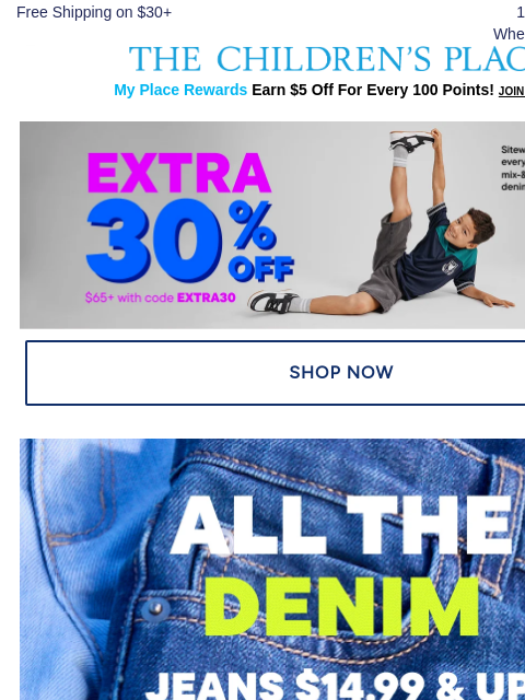 childrensplace newsletter: Trending Jeans Fits ($14.99+) 👖 & Extra 30% Off ✨...