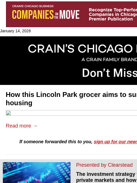 crainalerts newsletter: Grocer to add apartments above store