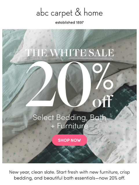 abchome newsletter: 20% Off Select Bedding, Bath + Furniture!