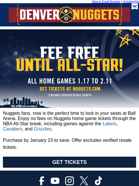 thedenvernuggets newsletter: No Fees on Nuggets Home Games