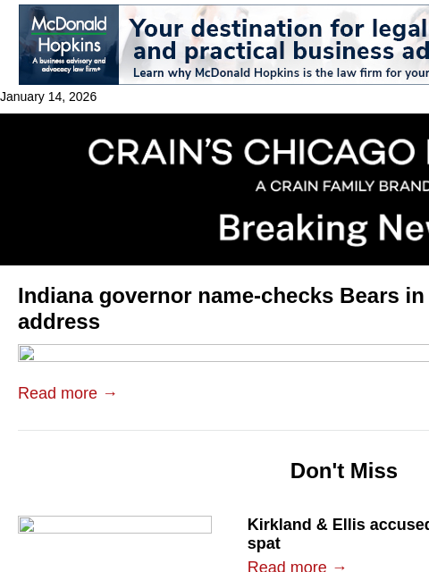 crainalerts newsletter: Indiana guv touts Bears pitch in speech to legisla...