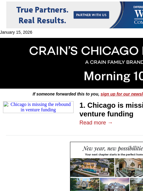 crainalerts newsletter: Chicago lags as venture funding rebounds