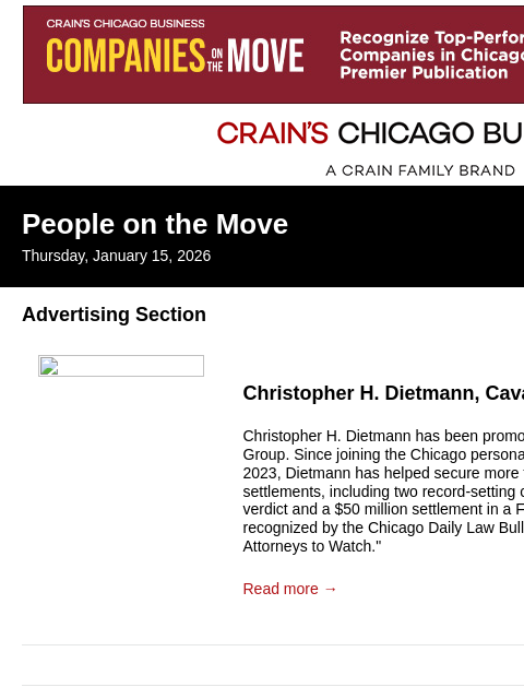 crainalerts newsletter: Crain's Chicago Business - People on the Move