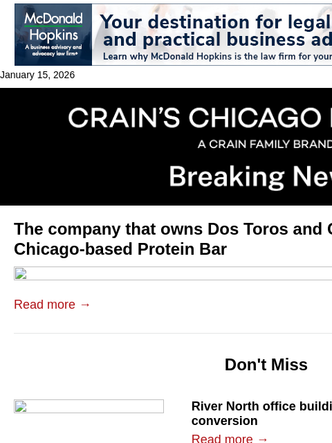 crainalerts newsletter: Protein Bar & Kitchen gets acquired