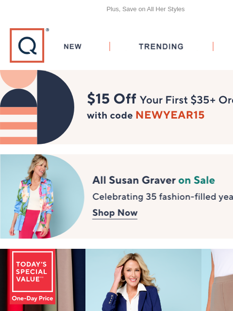 Plus, Save on All Her Styles QVC New TRENDING DEALS Unlock $15 off Your First Purchase susan graver sale Susan Graver TSV watch and win banner deals NFL 60X80 Double Sided Fleece Front & Sherpa