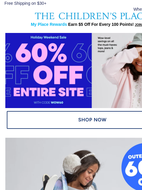 childrensplace newsletter: It's️ Winter Time! ❄️ 60% OFF Outerwear 