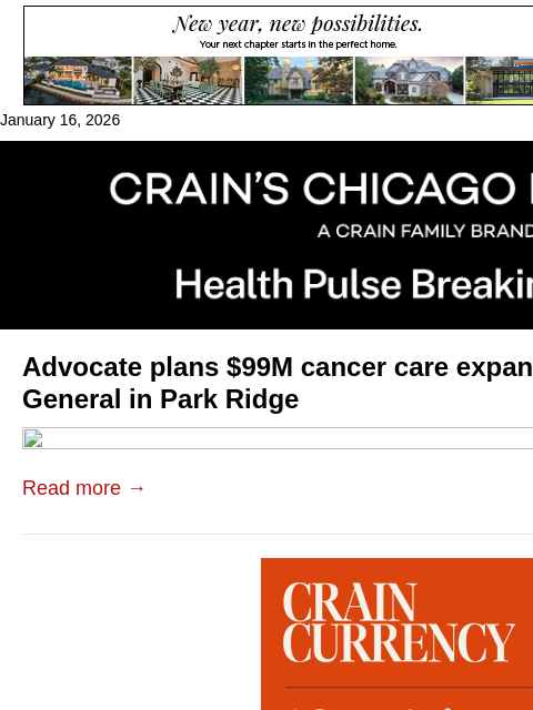 crainalerts newsletter: Advocate plans $99M expansion in Park Ridge