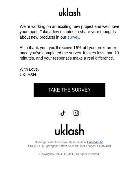 uklash newsletter: Give your feedback and get 15% off! 💝