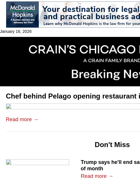 crainalerts newsletter: Pelago chef opening restaurant in old Spiaggia spa...