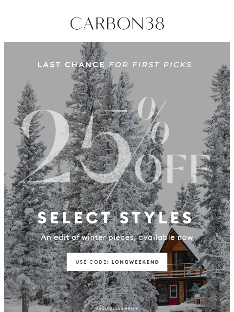 carbon38 newsletter: Happening Now: 25% off