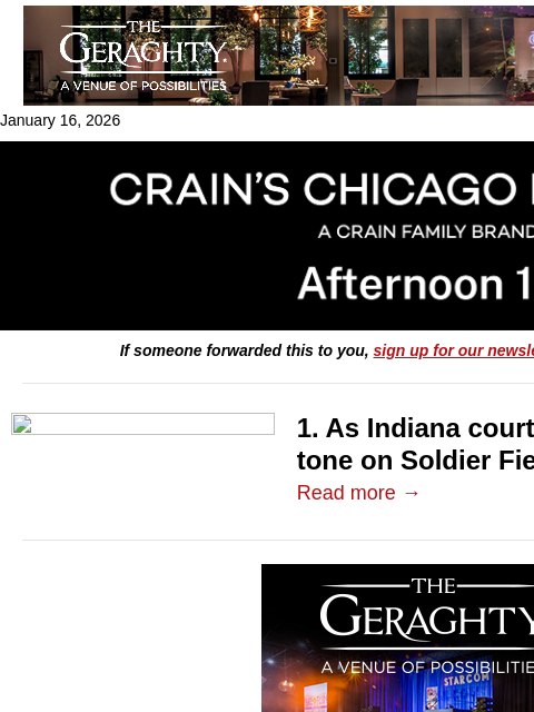 crainalerts newsletter: Pritzker eases tone on Soldier Field debt