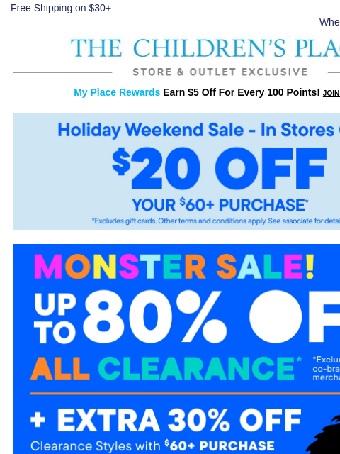 childrensplace newsletter: Holiday Weekend is HERE! Spend $60, Save $20 🎉