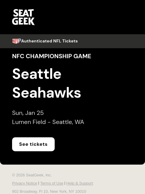 seatgeek newsletter: Seattle Seahawks advance to host NFC Championship!...