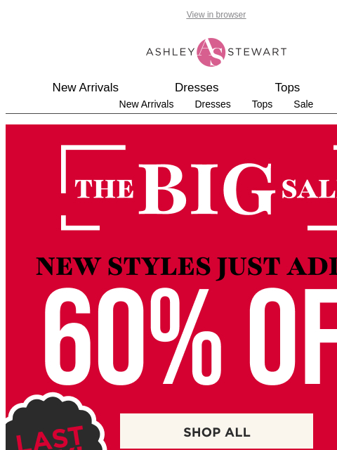 ashleystewart newsletter: Last Call: 60% OFF Hundreds of Styles ❤️