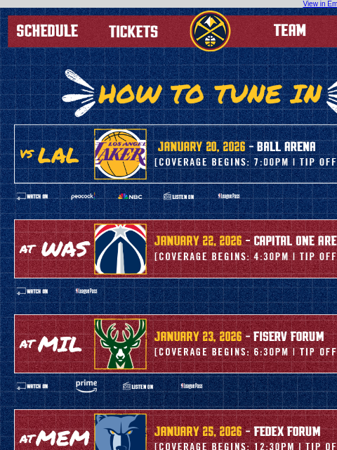 thedenvernuggets newsletter: Tune In as the Nuggets Take On the Lakers, Wizards...