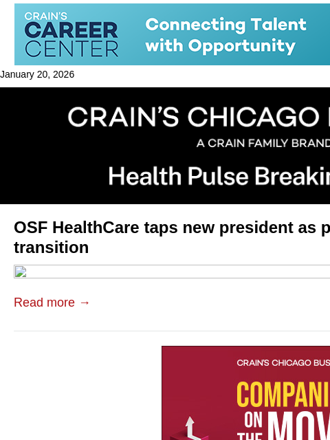 crainalerts newsletter: Leadership changes at OSF